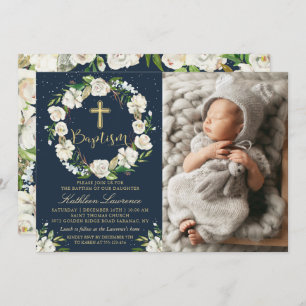 Navy Blue Winter Floral Girl Baptism Foto Kaart