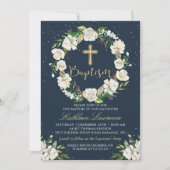 Navy Blue Winter Floral Girl Baptism Invitation Kaart (Voorkant)