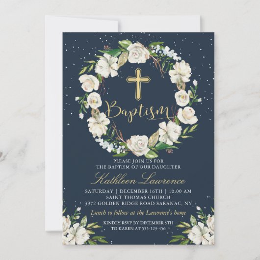 Navy Blue Winter Floral Girl Baptism Invitation Kaart (Voorkant)