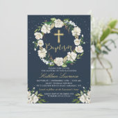 Navy Blue Winter Floral Girl Baptism Invitation Kaart (Staand voorkant)