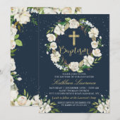 Navy Blue Winter Floral Girl Baptism Invitation Kaart (Voorkant / Achterkant)