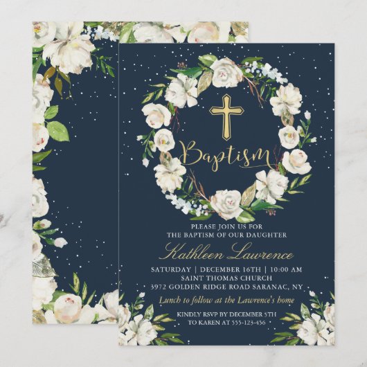 Navy Blue Winter Floral Girl Baptism Invitation Kaart (Voorkant / Achterkant)