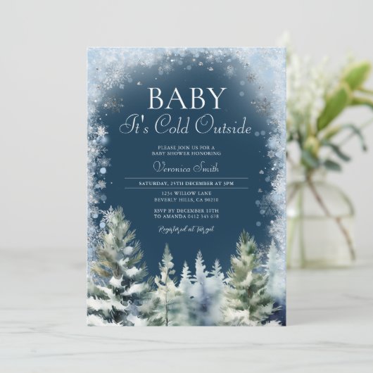 Navy Blue Winter Kerstboom Baby Shower Sneeuwvlokk Kaart (Staand voorkant)