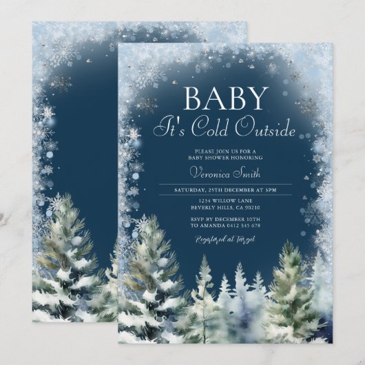 Navy Blue Winter Kerstboom Baby Shower Sneeuwvlokk Kaart (Voorkant / Achterkant)
