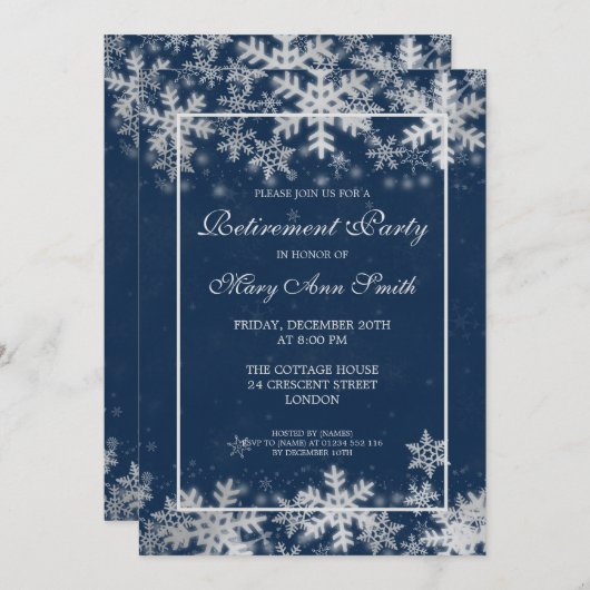 Navy Blue Winter Retirement Silver Snowflakes Kaart (Voorkant / Achterkant)