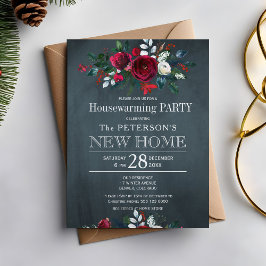 Navy Blue Winter Rustic Floral Housewarming Party Kaart