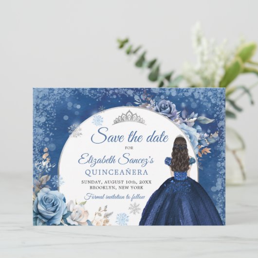 Navy Blue Winter Snowflake Quince Save The Date Kaart (Staand voorkant)