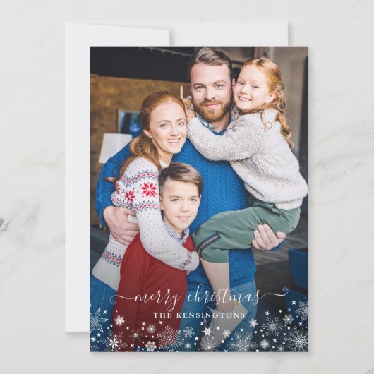 Navy Blue Winter Snowflakes kerstfoto (Voorkant)