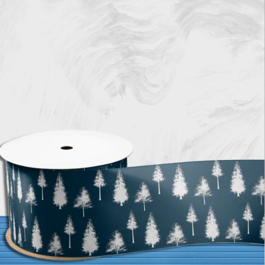 Navy Blue Winter Trees Satijnen Lint
