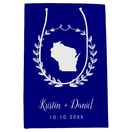 Navy Blue Wisconsin Kaart Huwelijk Welkom Swag Medium Cadeauzakje (Voorkant)