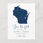 Navy Blue Wisconsin Kaart QR Code Bewaar de datum (Voorkant)