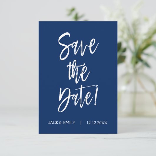 Navy Blue - Wit Save the Date Kaart (Staand voorkant)