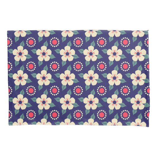 Navy Blue with Cream Flowers Pillow Case Kussensloop (Voorkant)