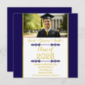 Navy Blue with Gold Graduation Invitation Kaart (Voorkant / Achterkant)