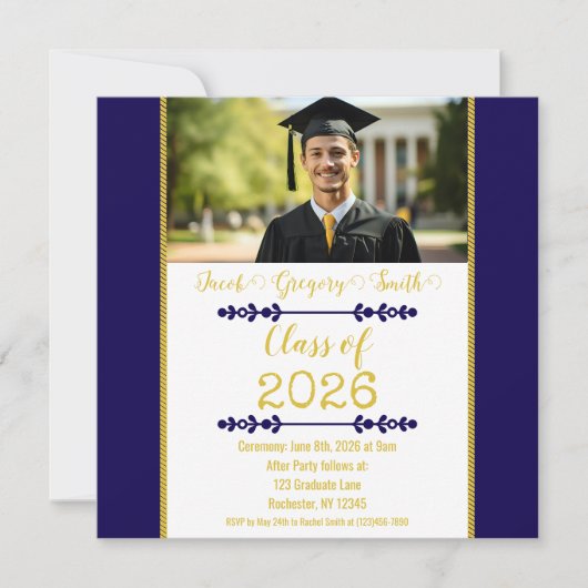 Navy Blue with Gold Graduation Invitation Kaart (Voorkant)
