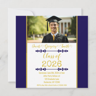 Navy Blue with Gold Graduation Invitation Kaart