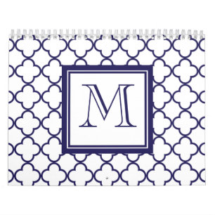 Navy Blue, witte quatrefoil   Uw monogram Kalender