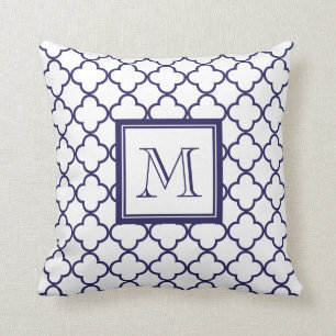 Navy Blue, witte quatrefoil   Uw monogram Kussen