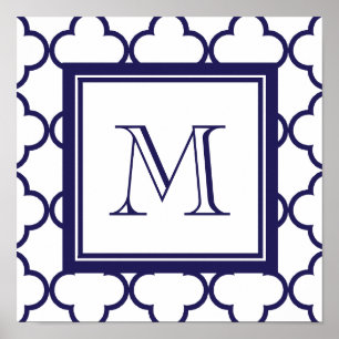 Navy Blue, witte quatrefoil   Uw monogram Poster