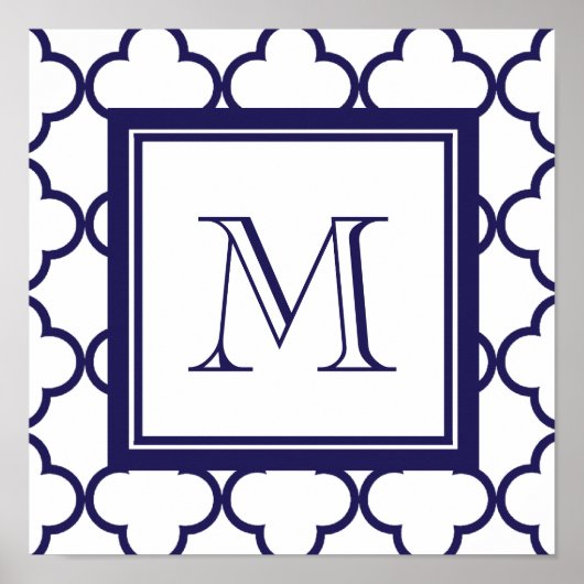 Navy Blue, witte quatrefoil | Uw monogram Poster (Voorkant)