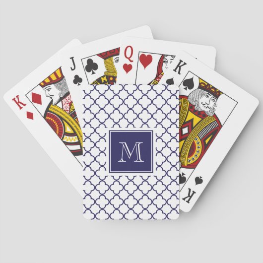 Navy Blue, witte quatrefoil | Uw monogram Speelkaarten (Achterkant)