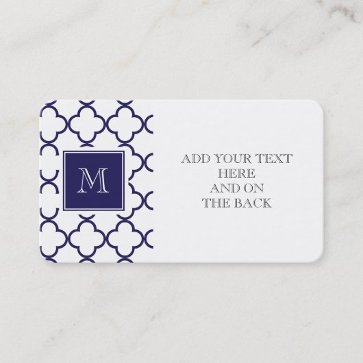 Navy Blue, witte quatrefoil | Uw monogram Visitekaartje (Voorkant)