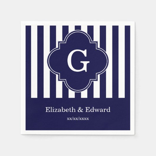 Navy Blue Witte Strepen, Navy Label Monogram Servetten (Voorkant)