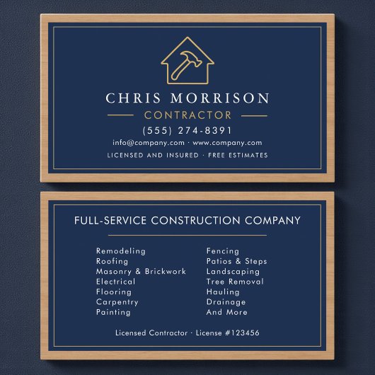 Navy Blue Wood Building Construction Business Card Visitekaartje