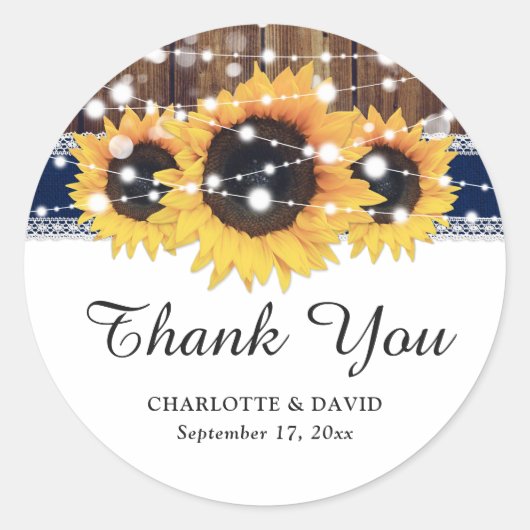 Navy Blue Wood Burlap Lace Sunflower Wedding Ronde Sticker (Voorkant)