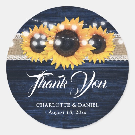 Navy Blue Wood Burlap Lace Sunflower Wedding Ronde Sticker (Voorkant)
