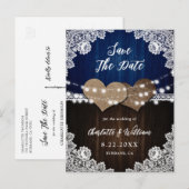 Navy Blue Wood Burlap Wedding Save the Date Aankondigingskaart (Voorkant / Achterkant)