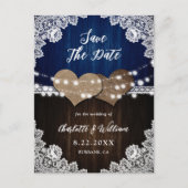 Navy Blue Wood Burlap Wedding Save the Date Aankondigingskaart (Voorkant)