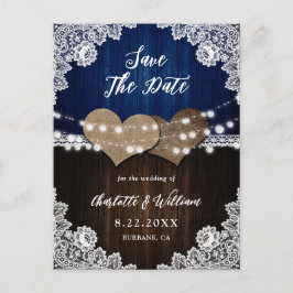 Navy Blue Wood Burlap Wedding Save the Date Aankondigingskaart