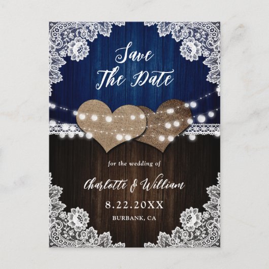 Navy Blue Wood Burlap Wedding Save the Date Aankondigingskaart (Voorkant)