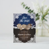 Navy Blue Wood Burlap Wedding Save the Date Aankondigingskaart (Staand voorkant)