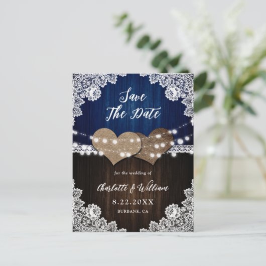 Navy Blue Wood Burlap Wedding Save the Date Aankondigingskaart (Staand voorkant)