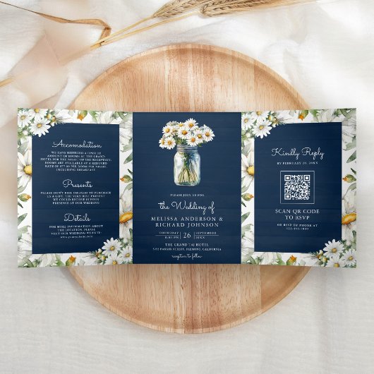 Navy Blue Wood Daisies Mason Jar QR Code Wedding Drieluik Uitnodiging