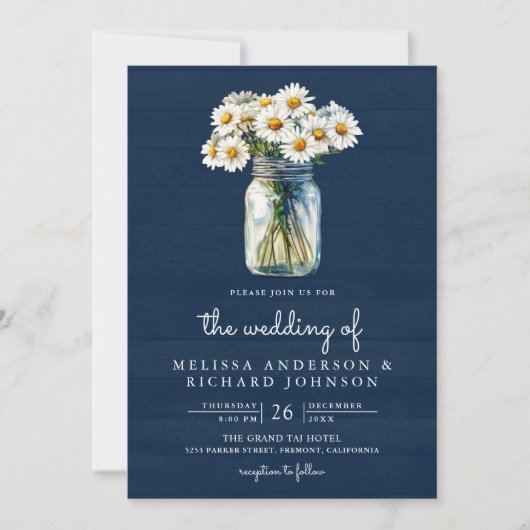 Navy Blue Wood Daisies Mason Jar QR Code Wedding Kaart (Voorkant)