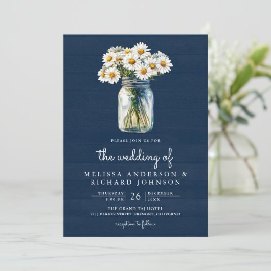 Navy Blue Wood Daisies Mason Jar QR Code Wedding Kaart (Staand voorkant)