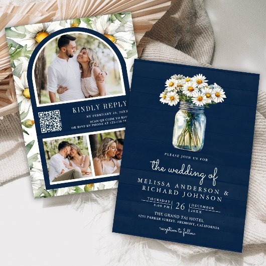 Navy Blue Wood Daisies Mason Jar QR Code Wedding Kaart