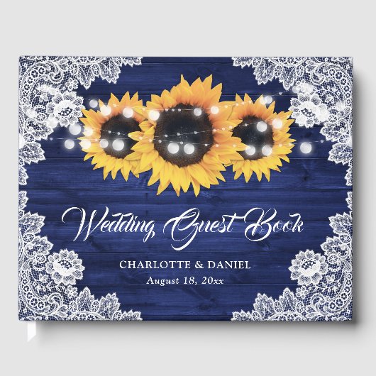 Navy Blue Wood Floral Lace Sunflower Wedding Gastenboek (Voorkant)