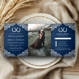 Navy Blue Wood Hoefijzers Lace Trouwfoto Drieluik Uitnodiging