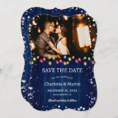Navy Blue Wood Kerstverlichting Vakantie Trouwen Save The Date (Voorkant / Achterkant)