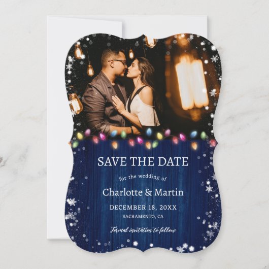 Navy Blue Wood Kerstverlichting Vakantie Trouwen Save The Date (Voorkant)