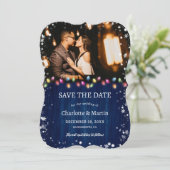 Navy Blue Wood Kerstverlichting Vakantie Trouwen Save The Date (Staand voorkant)