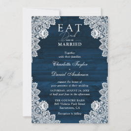 Navy Blue Wood Lace Eat Drink en moet getrouwd zij Kaart