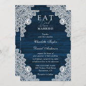 Navy Blue Wood Lace Eat Drink en moet getrouwd zij Kaart (Voorkant / Achterkant)