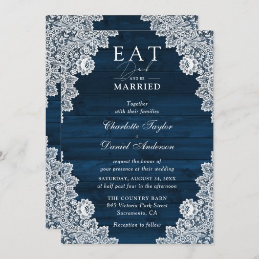 Navy Blue Wood Lace Eat Drink en moet getrouwd zij Kaart (Voorkant / Achterkant)