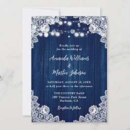 Navy Blue Wood Lace Romantic Rustic Chic Wedding Kaart