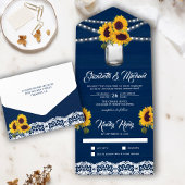 Navy Blue Wood Lace Sunflower Mason Jar Wedding All In One Uitnodiging